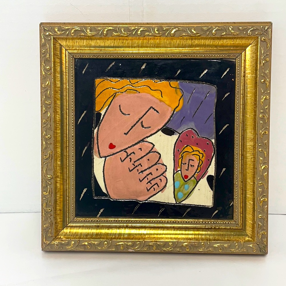 Handmade Framed Artist (unknown) Ceramic Tile - Signed on Back